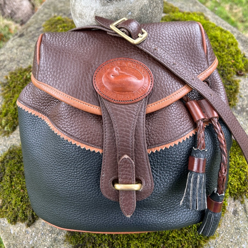 Vintage Dooney & Bourke Teton Drawstring Saddle Bag in colors Black, Brown Tan